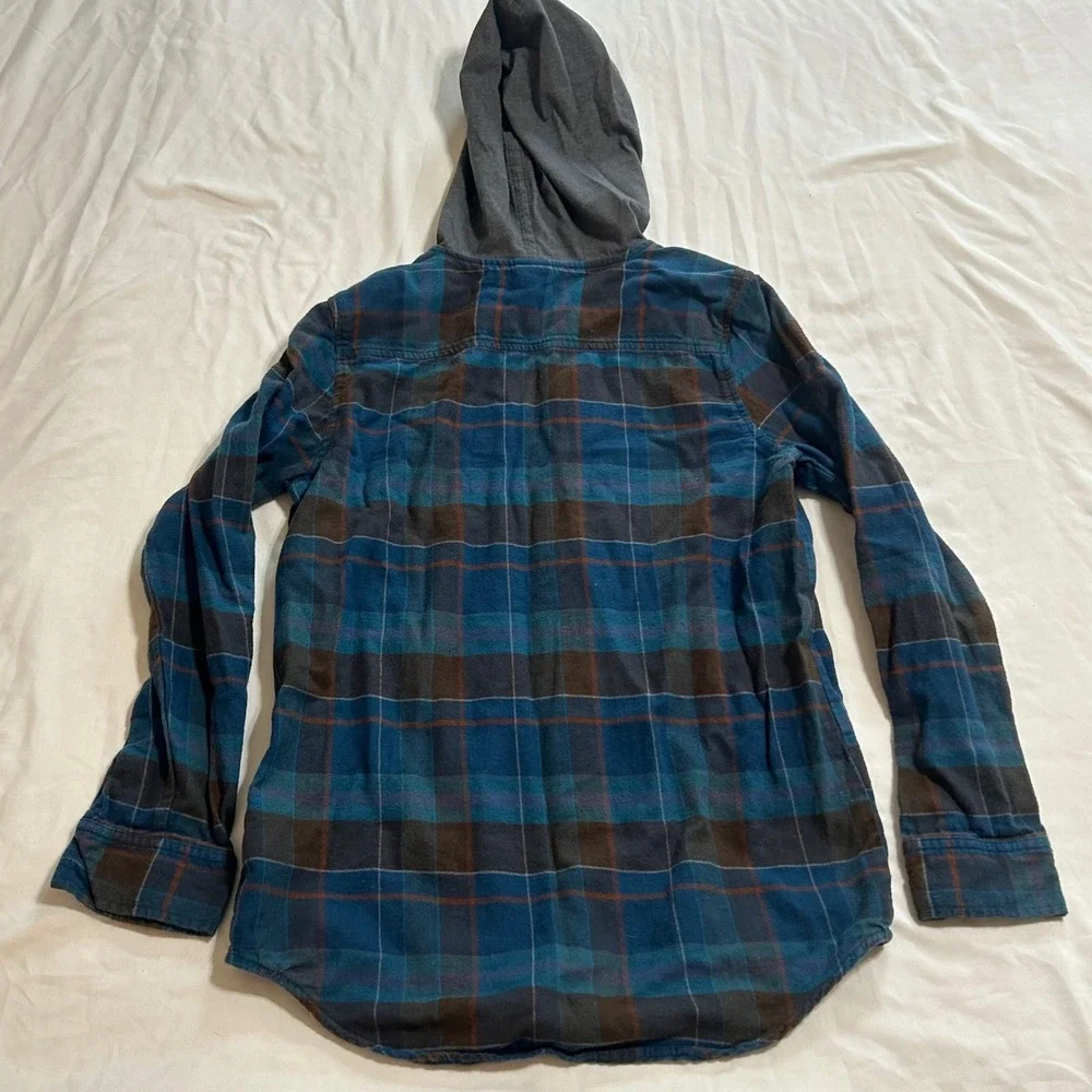 Art Class Boys Hooded Flannel Shirt Blue Brown Plaid L 12/14‎ Button Down Hoodie